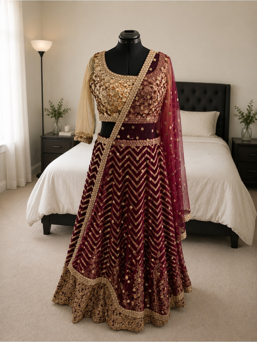 Ethnic Indian Wear Maroon and Gold Lehenga